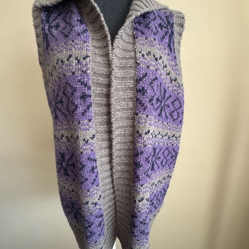 DressBarn Fair Isle Knit Sweater Vest Cardigan 1X Purple Gray Cozy Boho